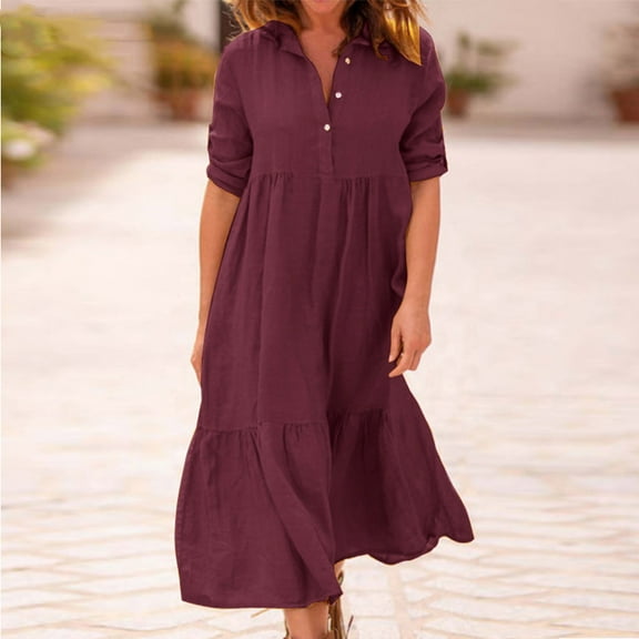 Women's Long Sleeve Button Shirt Dress Cotton Linen V Neck Loose Fit Casual Shirt Dresses with Pockets
