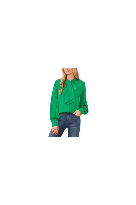 Women's Long Sleeve Button-Up Bow Neck Blouse Cactus Green XS