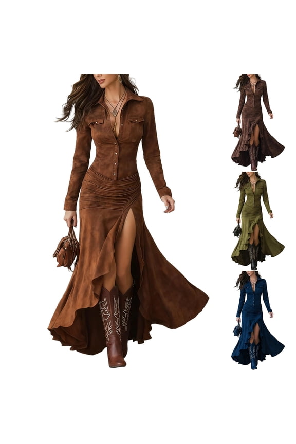 Women's Long Sleeve Button-Up Extra-Long Dress Wrap Asymmetrical Ruffled High-Low Western Elegant Denim Dress for Winter Themed Parties,Army Green,L