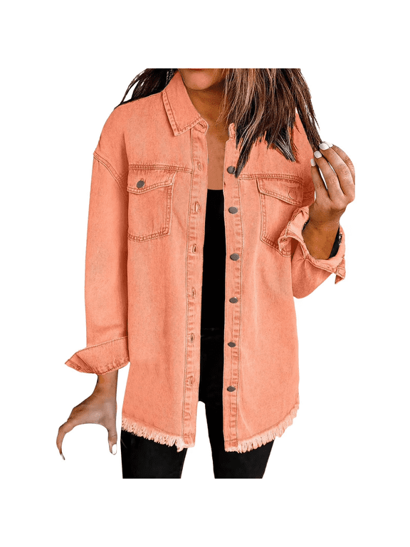 Women's Long Sleeve Button Up Frayed Hem Shacket fall Casual Drop Shoulder Button Front Jean Shacket with Pocket