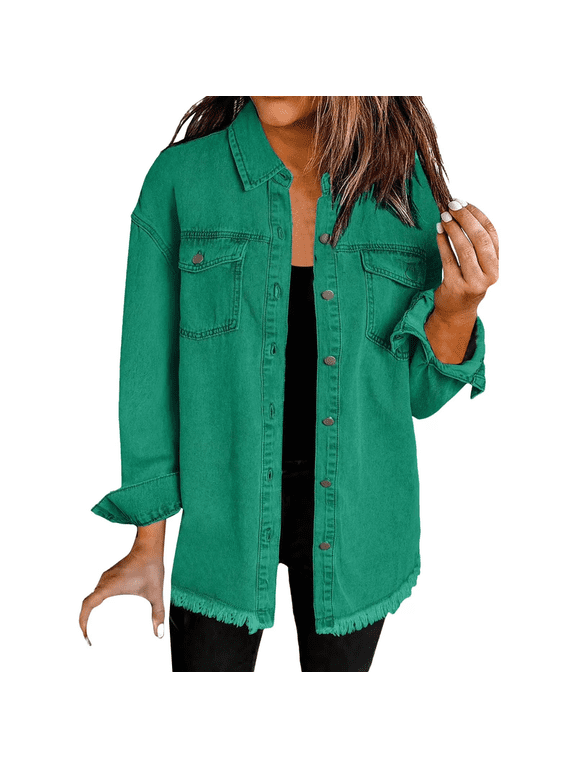 Women's Long Sleeve Button Up Frayed Hem Shacket fall Casual Drop Shoulder Button Front Jean Shacket with Pocket