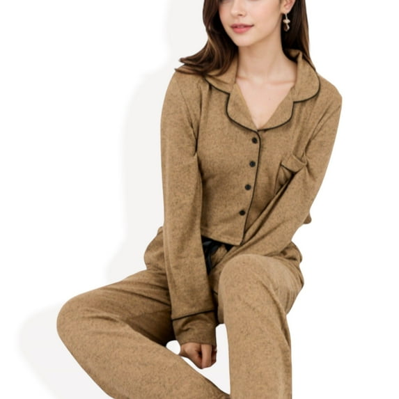 Women's Long Sleeve Button-Up Pajama Set with Piped Trim Details and Relaxed Fit - Small, Khaki