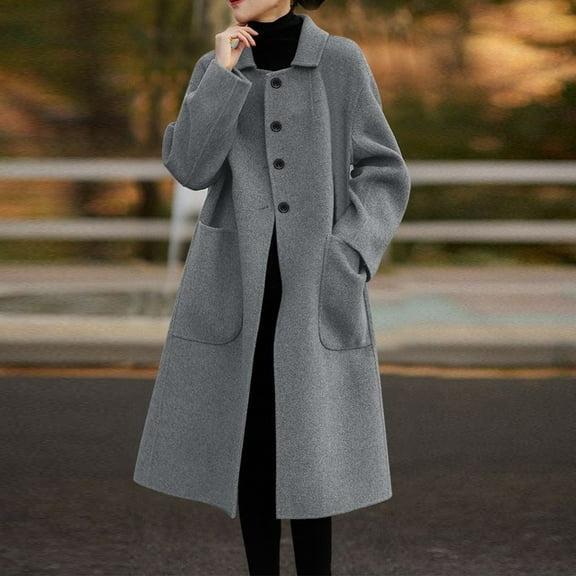 Women's Long Sleeve Button Down Wool Blends Thin Jacket Coat Slim Fit Warm Solid Long Overcoat With Pockets Lady Wool Winter Jacket Womens Wool Blend Quarter Winter Jackets Wool Womens 1 4 Winter