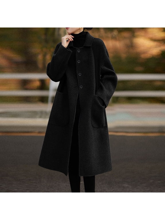 Women's Long Sleeve Button Down Wool Blends Thin Jacket Coat Slim Fit Warm Solid Long Overcoat With Pockets Lady Wool Winter Jacket Womens Wool Blend Quarter Winter Jackets Wool Womens 1 4 Winter