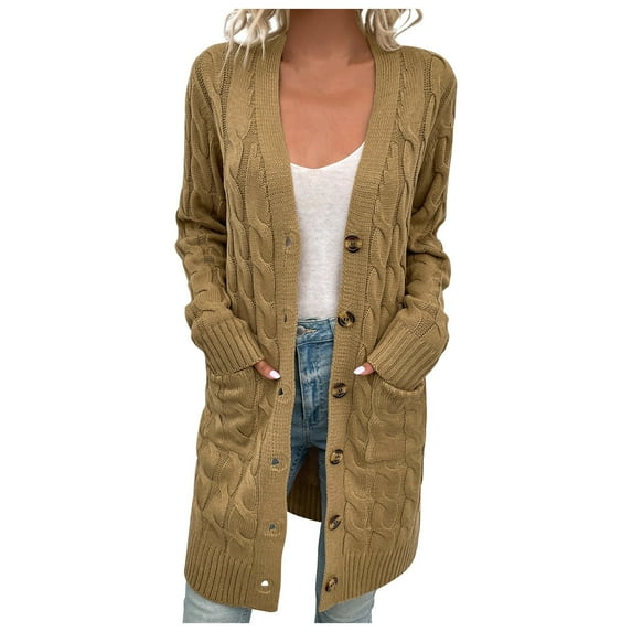 Women's Long Sleeve Cable Knit Long Cardigan Fall Winter Chunky Open Front Button Sweater Outerwear with Pockets Khaki L
