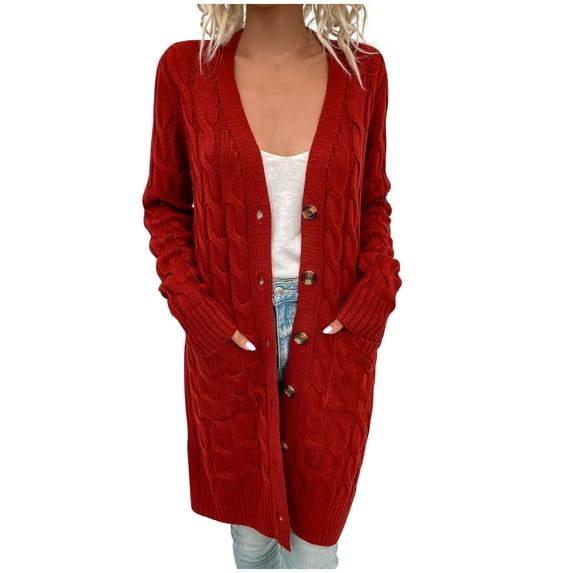 Women's Long Sleeve Cable Knit Long Cardigan Fall Winter Chunky Open Front Button Sweater Outerwear with Pockets Red XL
