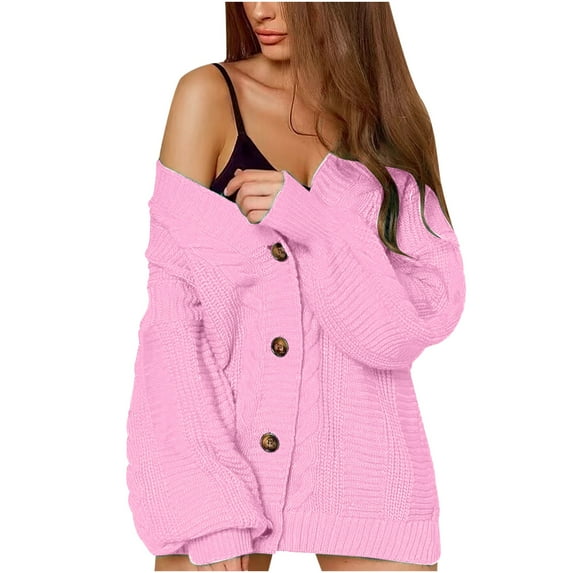 Women's Long Sleeve Cable Knit Sweater Open Front Cardigan Button Loose Knitwear Sweater Outerwear Coat for Women