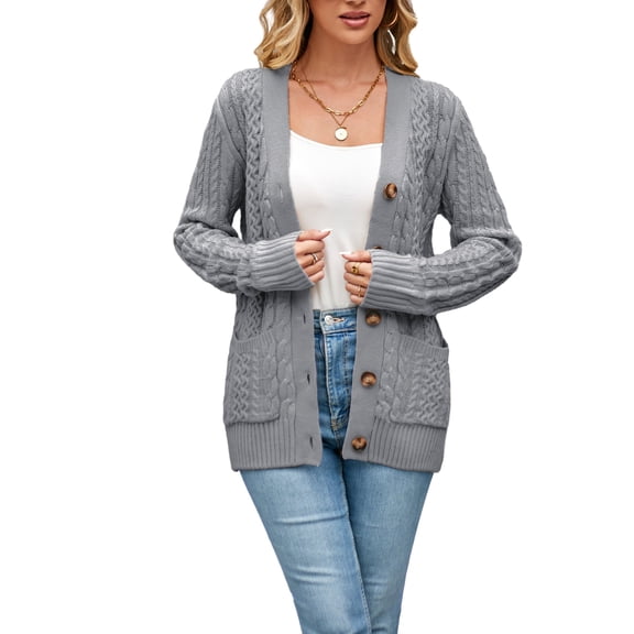 Women's Long Sleeve Cable Knit Sweater Open Front Cardigan Button Loose Outerwear