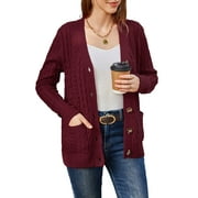Women's Long Sleeve Cable Knit Sweater Open Front Cardigan Button Loose Outerwear