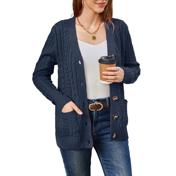 Women's Long Sleeve Cable Knit Sweater Open Front Cardigan Button Loose Outerwear