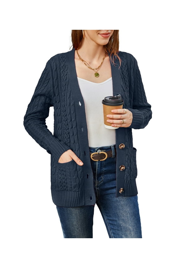 Women's Long Sleeve Cable Knit Sweater Open Front Cardigan Button Loose Outerwear