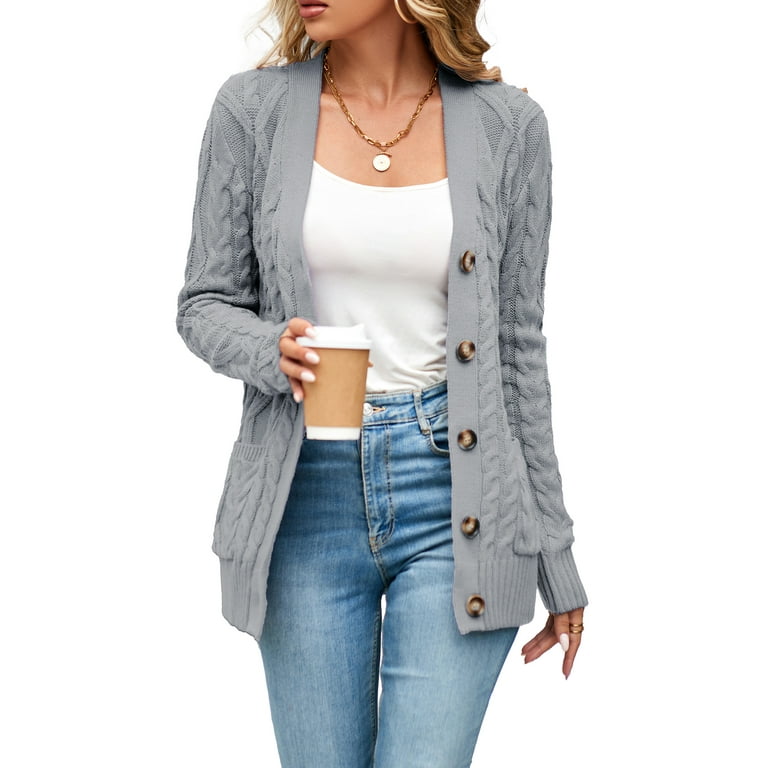 Women s Long Sleeve Cable Knit Sweater Open Front Cardigan Button Loose Outerwear Walmart
