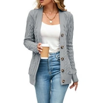 Women's Long Sleeve Cable Knit Sweater Open Front Cardigan Button Loose Outerwear