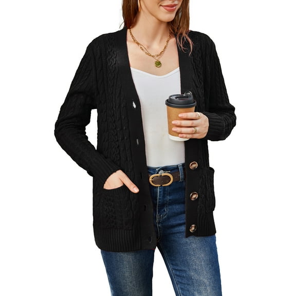 Women's Long Sleeve Cable Knit Sweater Open Front Cardigan Button Loose Outerwear