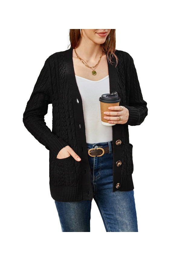 Women's Long Sleeve Cable Knit Sweater Open Front Cardigan Button Loose Outerwear