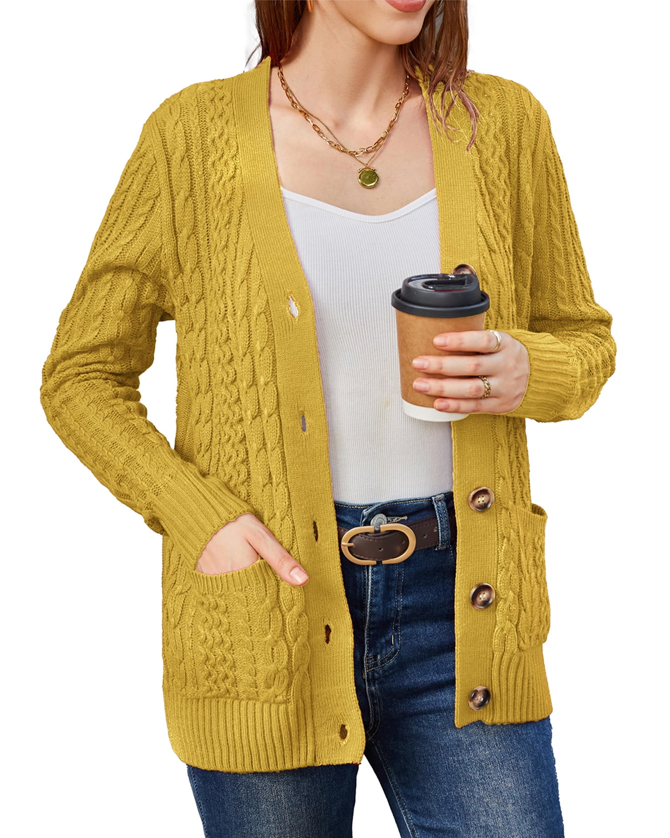 Women's Long Sleeve Cable Knit Sweater Open Front Cardigan Button Loose ...