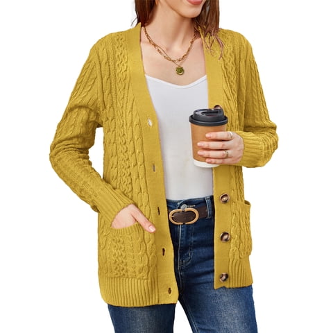 Women's Long Sleeve Cable Knit Sweater Open Front Cardigan Button Loose Outerwear