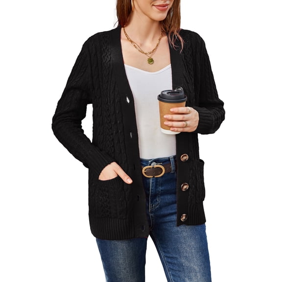 Women's Long Sleeve Cable Knit Sweater Open Front Cardigan Button Loose Outerwear