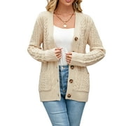 CHOOTEEYEEN Women's Long Sleeve Cable Knit Sweater Open Front Cardigan Button Loose Outerwear