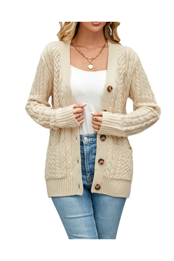 Women's Long Sleeve Cable Knit Sweater Open Front Cardigan Button Loose Outerwear