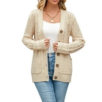 Women's Long Sleeve Cable Knit Sweater Open Front Cardigan Button Loose Outerwear