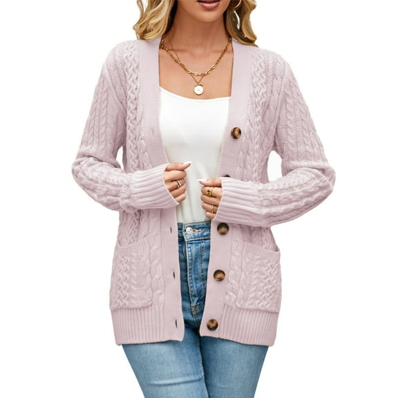 Women's Long Sleeve Cable Knit Sweater Open Front Cardigan Button Loose Outerwear