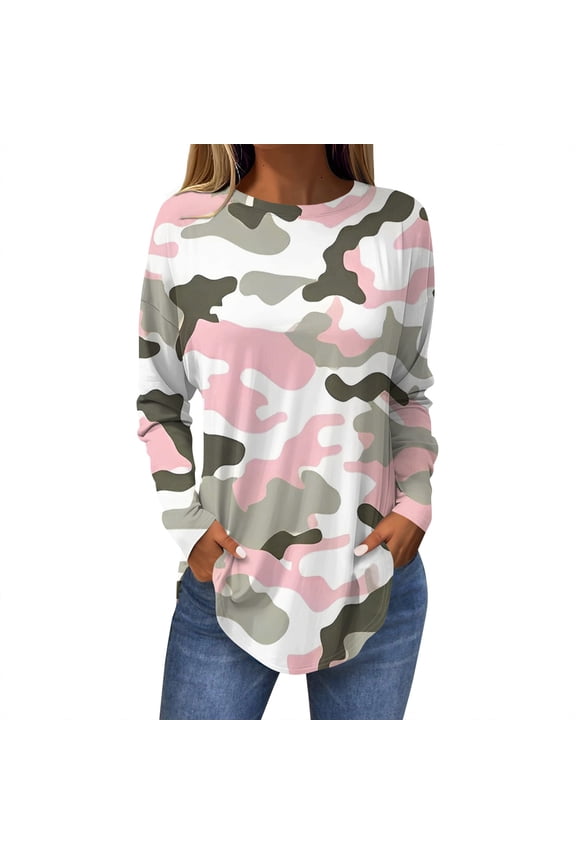 Women's Long Sleeve Camouflage Print Casual T-Shirt, Loose Fit Crew Neck Pullover Top with Pockets