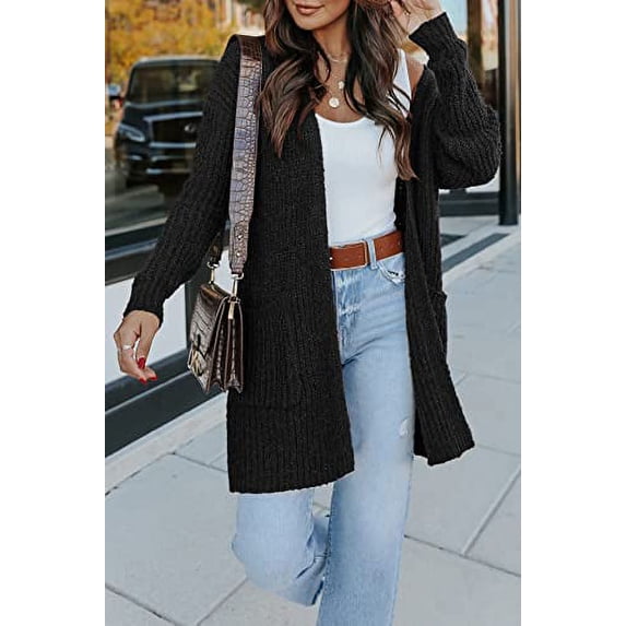 Women's Long Sleeve Cardigan Open Front Knit Sweaters Solid Soft Casual Loose Outerwear Coats with Pockets