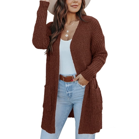 Women's Long Sleeve Cardigan Open Front Knit Sweaters Solid Soft Casual Loose Outerwear Coats with Pockets