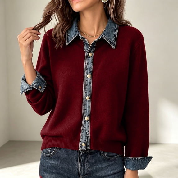 Women's Long Sleeve Cardigan Sweater Jacket With Denim Collar Lapel Loose Fit Casual Button Down Top For Women Autumn Winter Daily Wear Red Free Size
