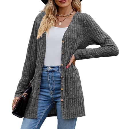 Women's Long Sleeve Cardigan Sweater Lightweight Button Down Brushed Knit Cardigan with Pockets -Dark Grey , L