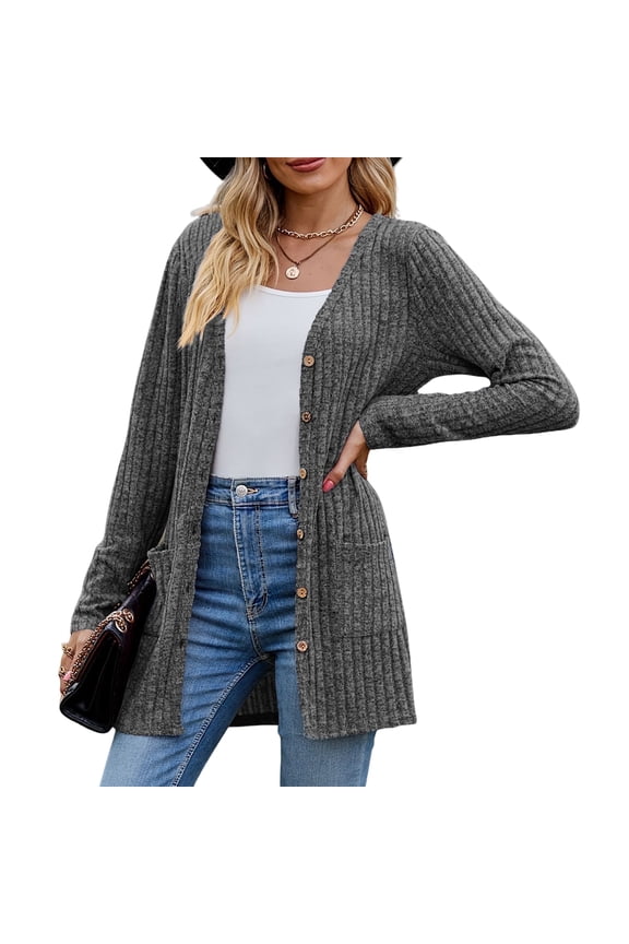 Women's Long Sleeve Cardigan Sweater Lightweight Button Down Brushed Knit Cardigan with Pockets -Dark Grey , L