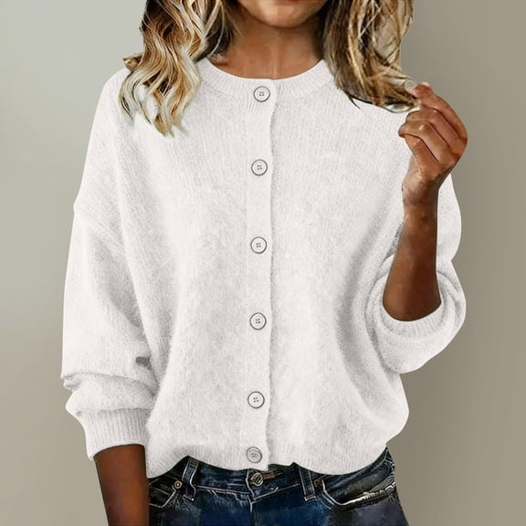 Women's Long Sleeve Cardigan Sweater Round Neck Open Front Button Ribbed Knit Fall Casual Loose Fit Top White L