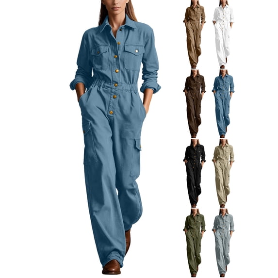 Women's Long Sleeve Cargo Jumpsuit Button Up Collar Workwear Coverall with Multi Pockets Loose Fit Fall Fashion