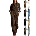 thumbnail image 1 of Women's Long Sleeve Cargo Jumpsuit Button Up Collar Workwear Coverall with Multi Pockets Loose Fit Fall Fashion, 1 of 8