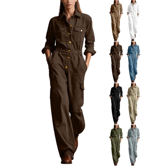 Women's Long Sleeve Cargo Jumpsuit Button Up Collar Workwear Coverall with Multi Pockets Loose Fit Fall Fashion