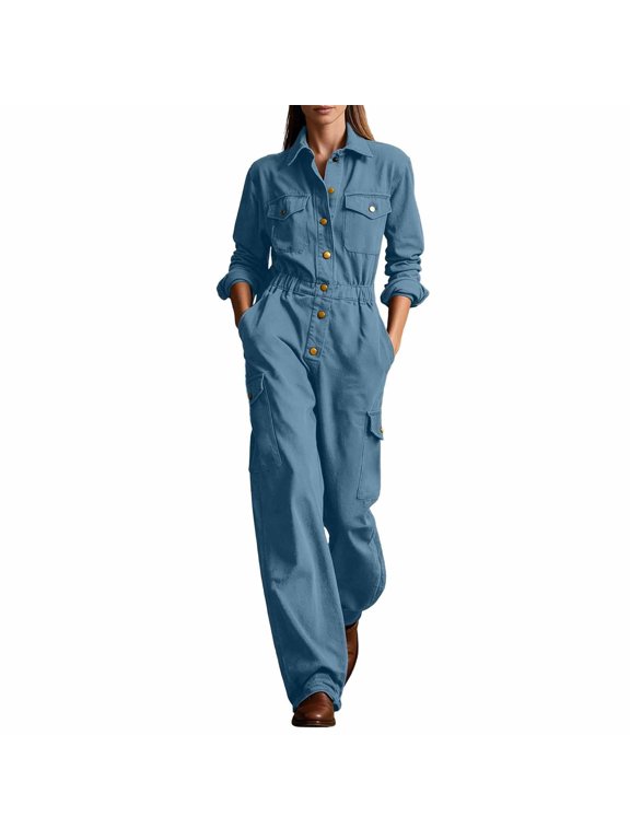 Women's Long Sleeve Cargo Jumpsuit Casual Overalls with Pocket | Turn-Down Collar,Button Down,Comfort Fabric,One Piece Long Pant Jumpsuit Romper,Utility Work Suit QURATI