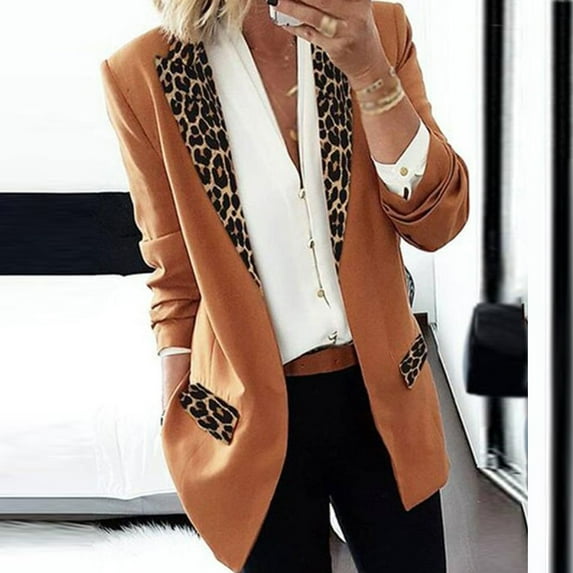 Women's Long Sleeve Casual Blazers Label Button Open Front Tuxedo Leopard Printed Jacket Suit Winter Coats for Women