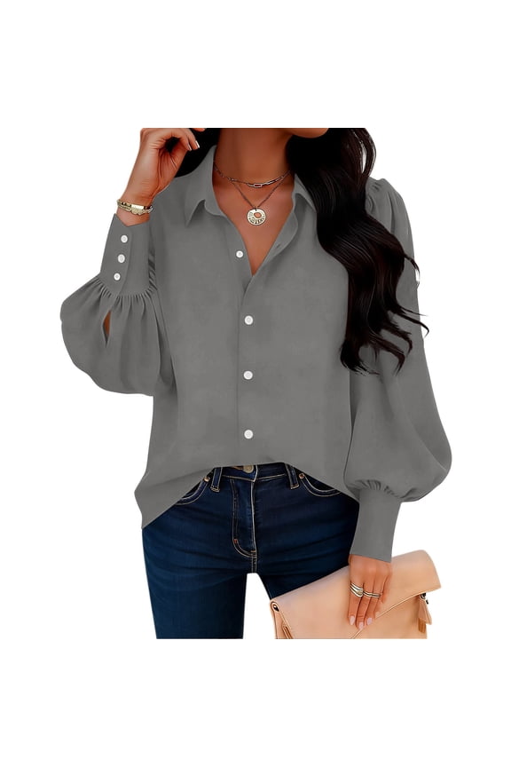 Women's Long Sleeve Casual Button-Down Blouse, Soft Polyester T-Shirt Top for Summer and Spring