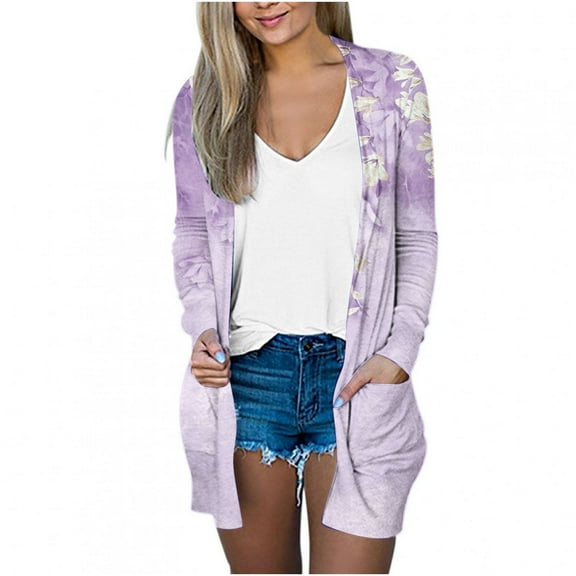Women's Long Sleeve Casual Cardigan Solid Color Printing Outerwear with Pockets Trendy Loose Middle Length Coat