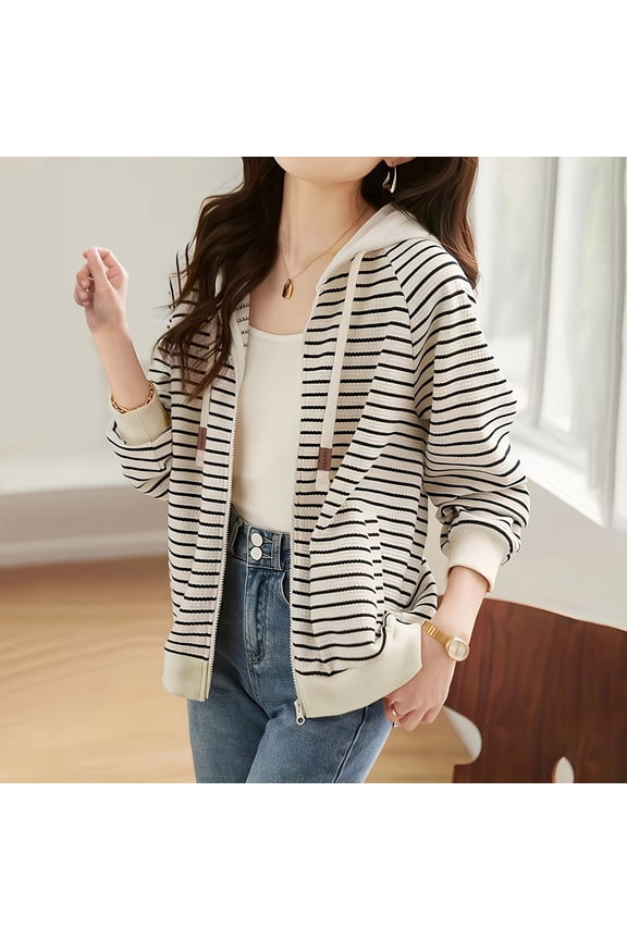 Women's Long Sleeve Casual Cardigan Stripe Hooded Sweater Fashion Sweaters for Women Sweatshirt Cardigans for Women Bright Sweaters Thick Warm Sweater Womens Leopard Print Sweaters Fancy Cardigan