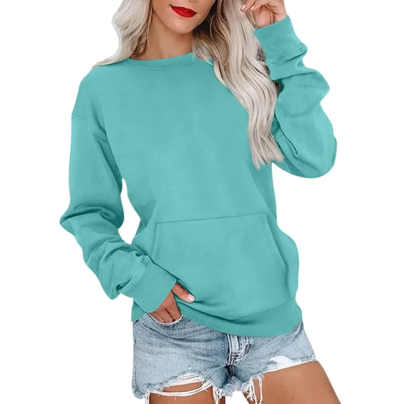 Women’s Long Sleeve Casual Crewneck Sweatshirt with Front Pocket, Soft Pullover Warm Top for Fall Winter Daily Fashion Outfits in Multiple Colors