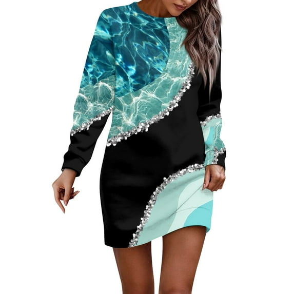 Women's Long Sleeve Casual Dress Abstract Purple and Black Print, Comfortable and Stylish Mini Dress