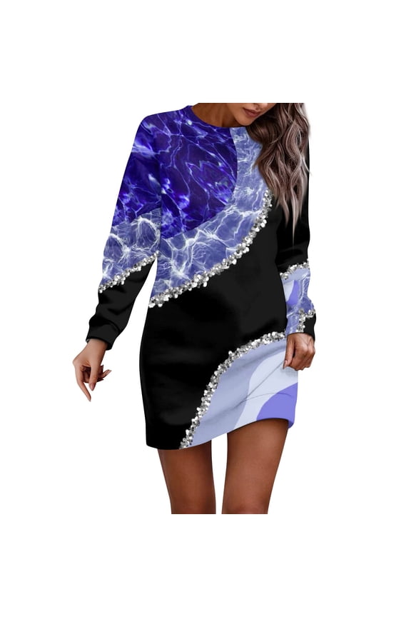 Women's Long Sleeve Casual Dress Abstract Purple and Black Print, Comfortable and Stylish Mini Dress
