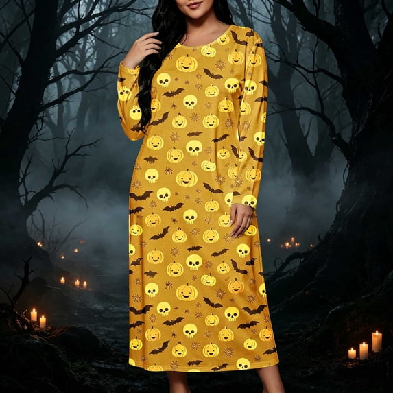 Women's Long Sleeve Casual Maxi Dress Spooky Skull Pumpkin Graphic Print Crewneck Flowy Fall Dresses Halloween Party Festival Costumes Everyday Apparel