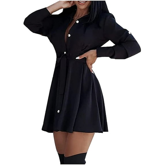 Women's Long Sleeve Casual Shirt Dresses Button Down Dress Solid A-Line Midi Dresses Tunic Short Dress with Belt