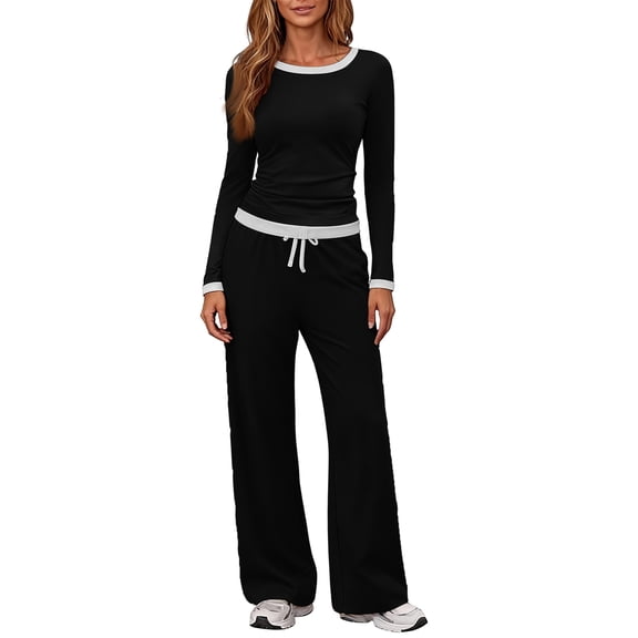 Women's Long-Sleeve Casual Sports Two-Piece Set with Loose Wide-Leg Pants, Easy and Fashionable Outfit for Active Lifestyles,Black,S