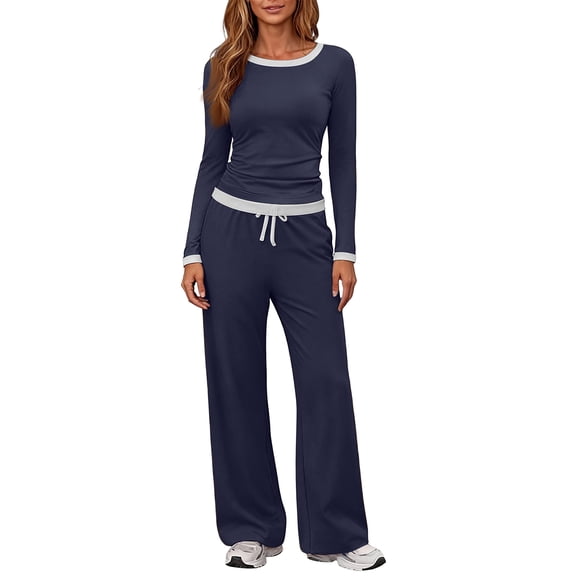 Women's Long-Sleeve Casual Sports Two-Piece Set with Loose Wide-Leg Pants, Easy and Fashionable Outfit for Active Lifestyles,Navy,XL