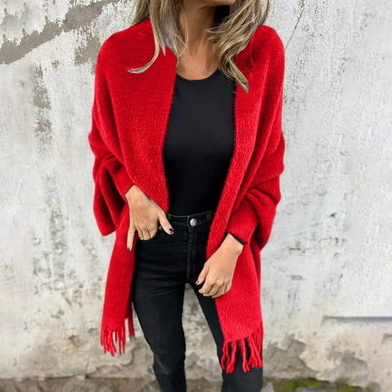 Women's Long Sleeve Casual Tassel Shawl Coat Fall Winter Knit Fringe Shawl Warm Coat Winter Coats for Dresses Ladies Coat 3xl Clothes for Women Womens plus Size Coat Winter Jackets for Women plus Size