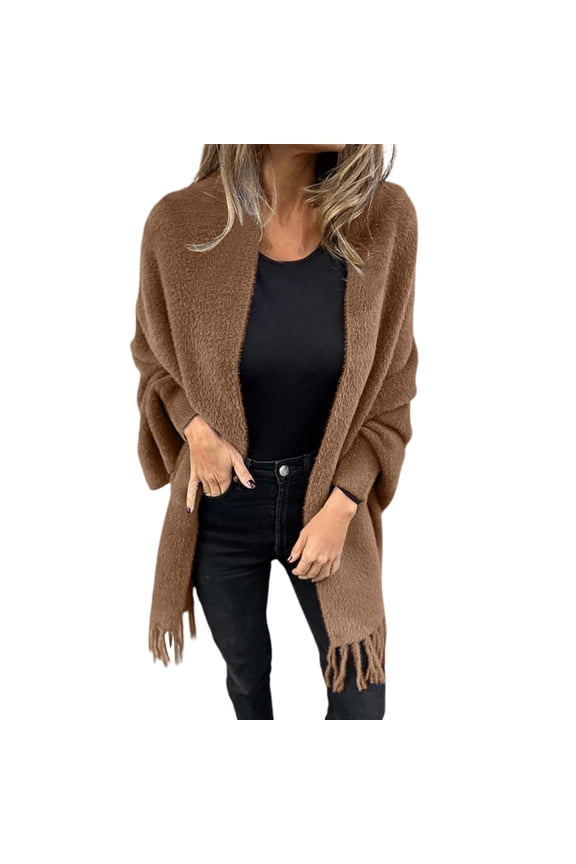 Women's Long Sleeve Casual Tassel Shawl Coat Fall Winter Knit Fringe Shawl Warm Coat